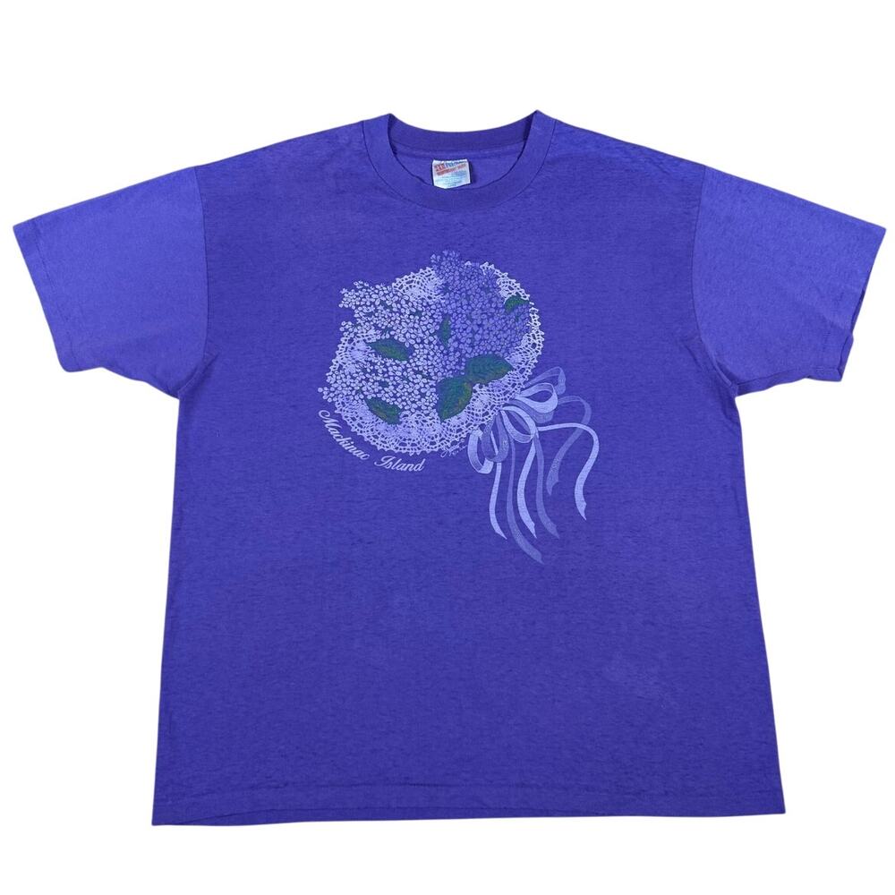Vintage Mackinac Island Floral Lace Doily Michigan 80s Purple Shirt Size XL